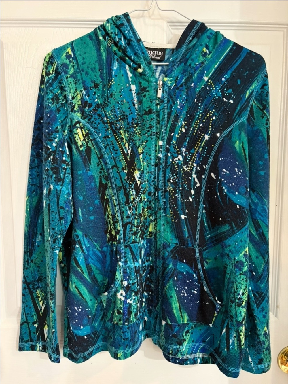 Onque Casuals Teal & Blue Abstract Zip Hooded Sweater